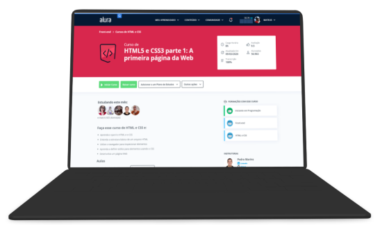 Tela de um computador exibindo a tela principal de um curso na plataforma da Alura