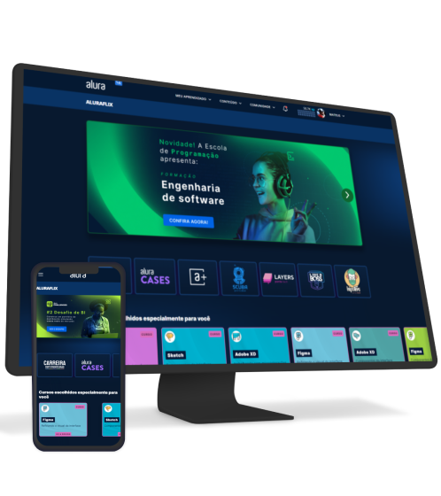 Tela de um computador e de um celular exibindo a plataforma da Alura